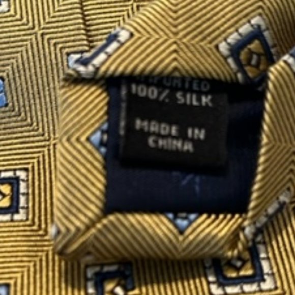 Jos A Bank Silk Tie Gold with Blue Squares - Picture 3 of 6